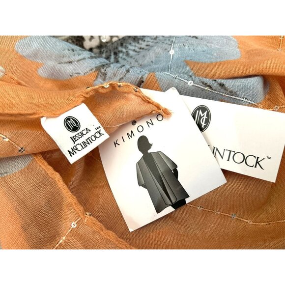 Jessica McClintock Boho Coral Blue Floral Kimono Cardigan Coastal Summer Chic - Picture 5 of 6